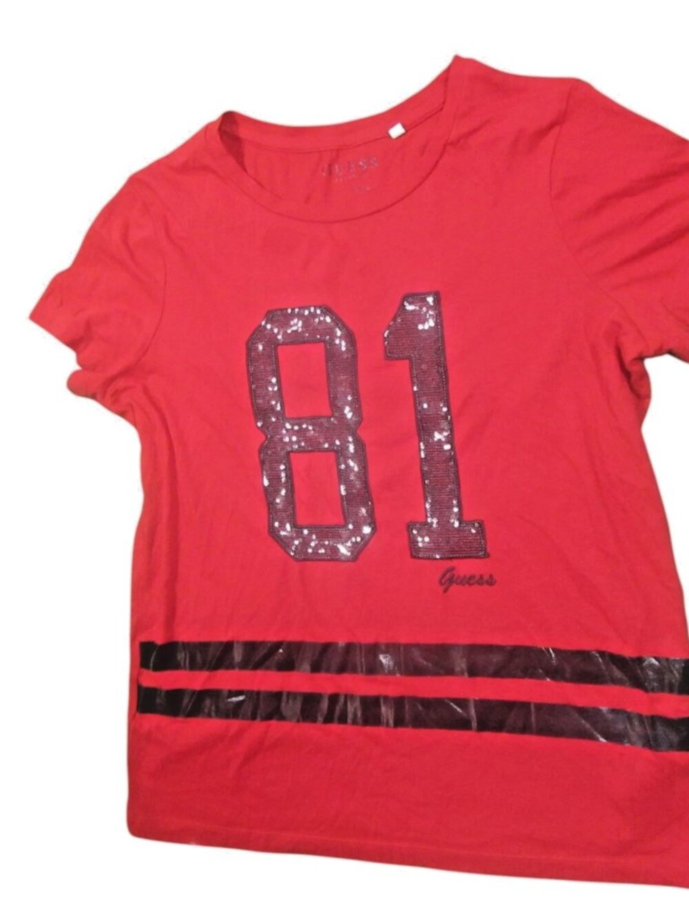GUESS Womens Graphic T-Shirt Size Large Red Sequined 81 Short Sleeve V-Neck Tee